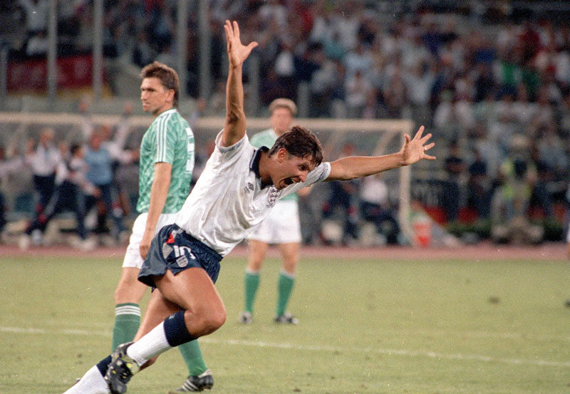 Gary Lineker celebrates scoring England's equaliser against Germany in 1990.